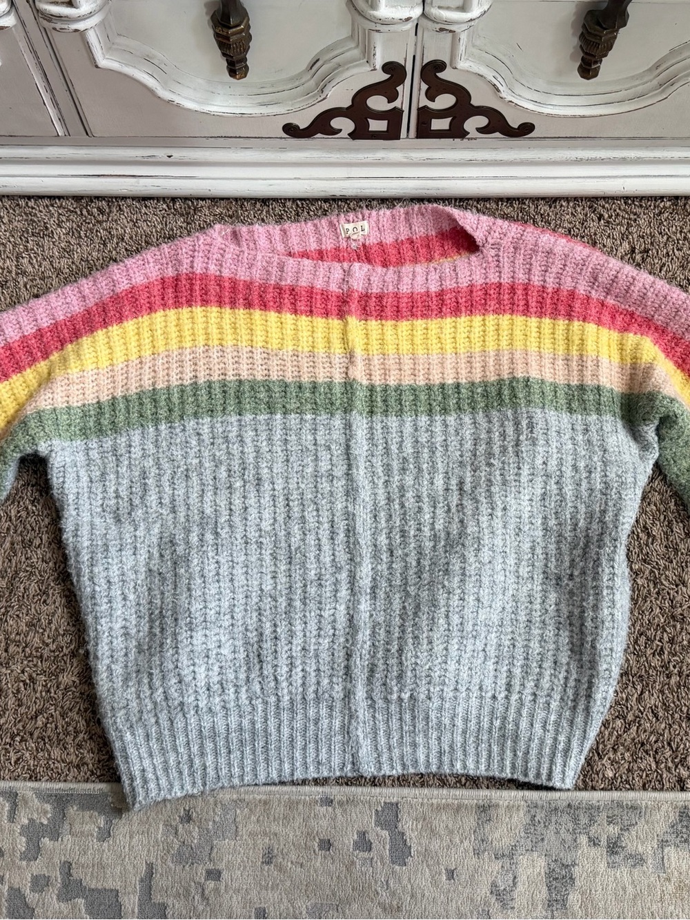 POL Multicolor Pastel Stripe Crewneck Sweater - Pink, Yellow, Green, Gray